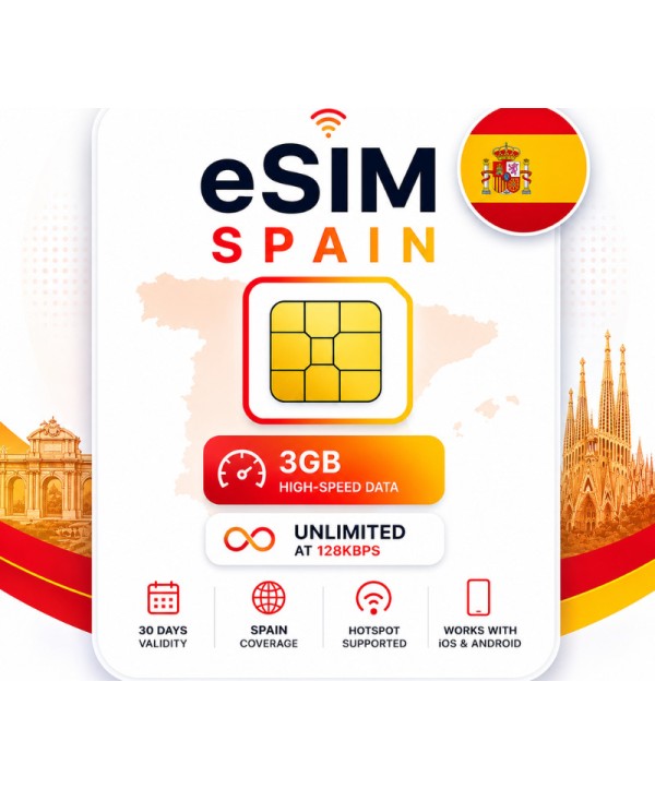 eSIM Spain - 3GB High-Speed, Then Unlimited Data at 128kbps valid for 30 Days Android Key EUROPE
